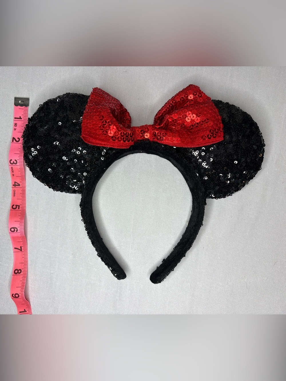 Kids Black Sequin Minnie-Style Headband with Red Bow